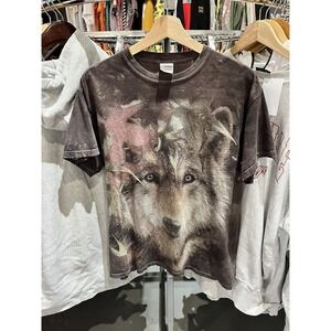 Vintage Y2K Wolf Husky Animal Nature Big Face Tie Dye T-Shirt Medium